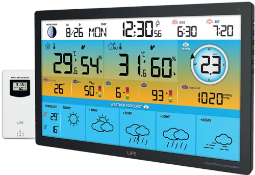 LIFE XL TUYA Smart Wi-Fi μετεωρολογικός σταθμός με ασύρματο εξωτερικό αισθητήρα, έγχρωμη οθόνη LCD 15.5" και πρόγνωση καιρού 5 ημερών HORIZON Smartweather TUYA