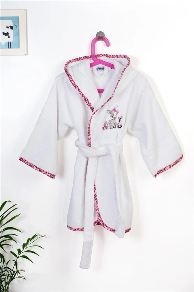 Μπουρνούζι Με Κέντημα kids Deer 197 Size: 04 White-Pink 100% Cotton - -