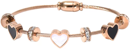 Ατσάλινο Ροζ Χρυσό Βραχιόλι με Καρδιές & Ζιργκόν (B1722)