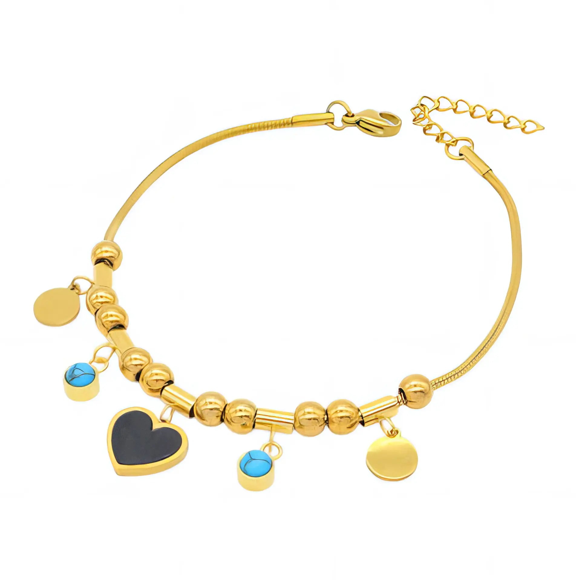 Ατσάλινο βραχιόλι με μαύρη καρδιά & τυρκουάζ λεπτομέρειες (B3487)