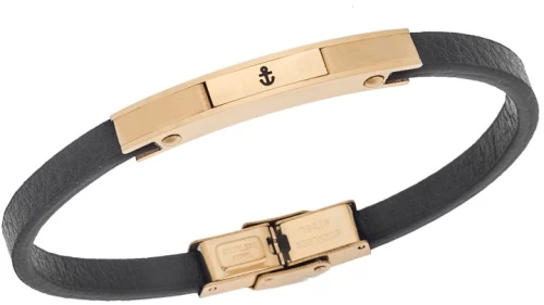 Βραχιόλι Senza Men's Gold Plated Steel, Black Leather Strap, χρυσό σχέδιο με άγκυρα