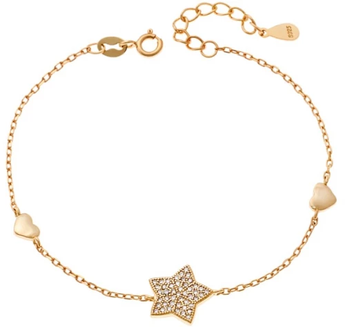 Βραχιόλι Γυναικείο Senza από επιχρυσωμένο ασήμι 925, αστέρι με λευκά ζιργκόν και διπλή καρδιά