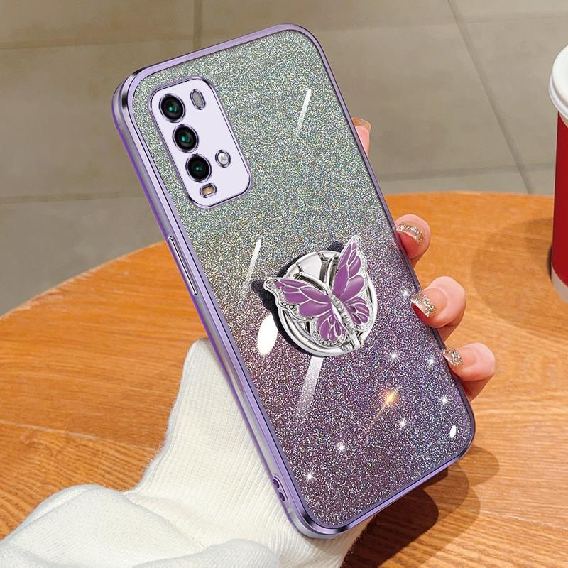 Για Redmi Note 9 4G επιμεταλλωμένο διαβάθμιση Glitter πεταλούδα κάτοχος TPU τηλέφωνο θήκη (Μωβ)