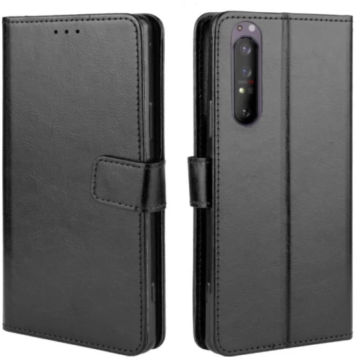 Για Sony Xperia 1 II Retro Crazy Horse Υφή οριζόντια Flip δερμάτινη θήκη, με θήκη για κάρτες & υποδοχές & πλαίσιο φωτογραφιών (Μαύρο)