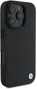 BMW Signature Leather Diamond Metal Logo MagSafe Case for iPhone 16 Pro Max - Black
