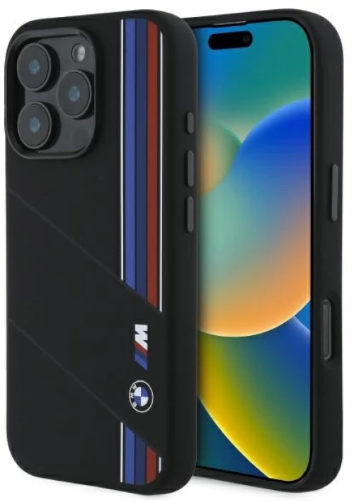 BMW Silicone Cut Tricolor Lines MagSafe Case for iPhone 16 Pro Max - Black