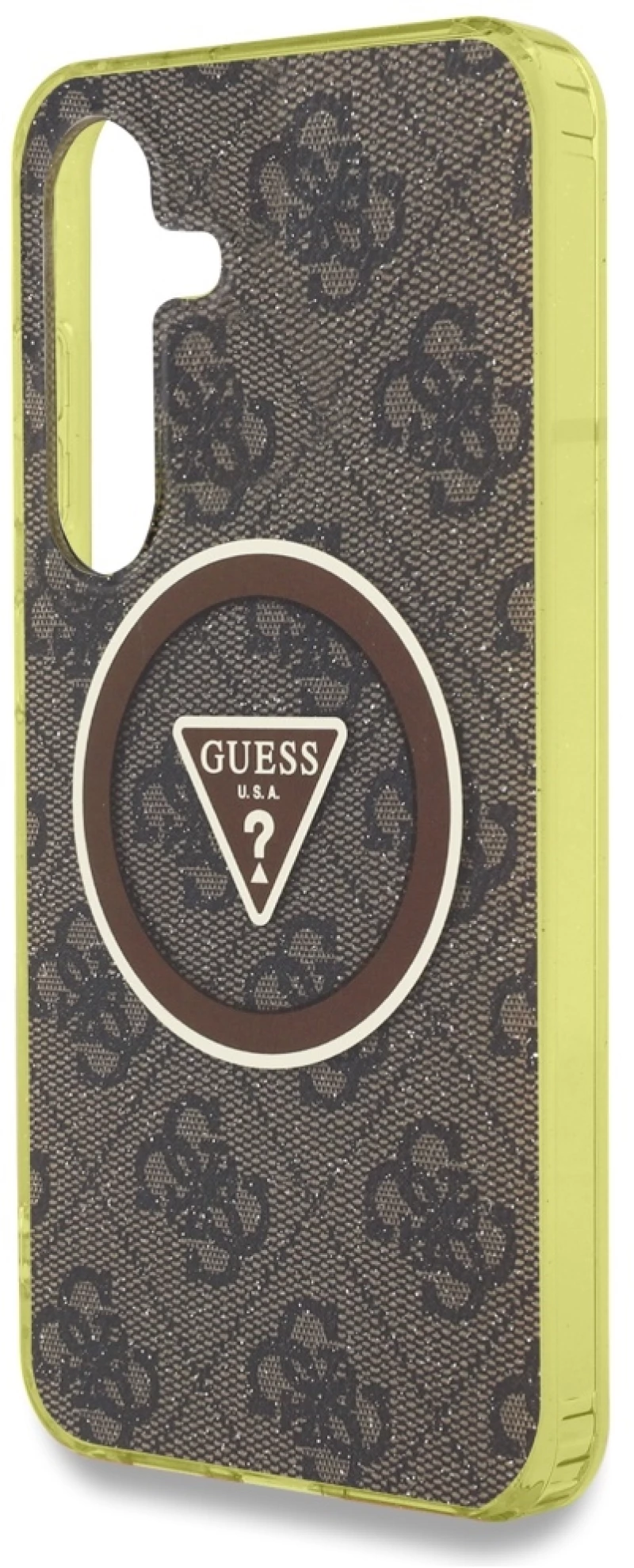 Guess 4G Glitter Triangle Buttons MagSafe Case for Samsung Galaxy S25 Brown