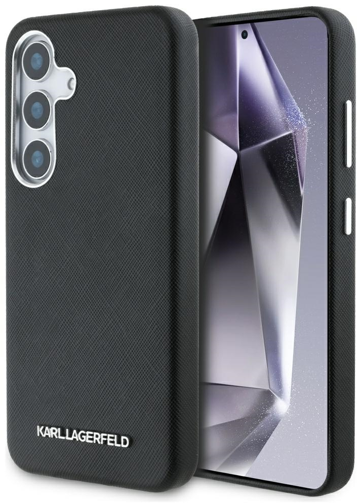 Karl Lagerfeld Saffiano Full Wrapped Elongated Metal Logo MagSafe Case for Samsung Galaxy S25+ - Black