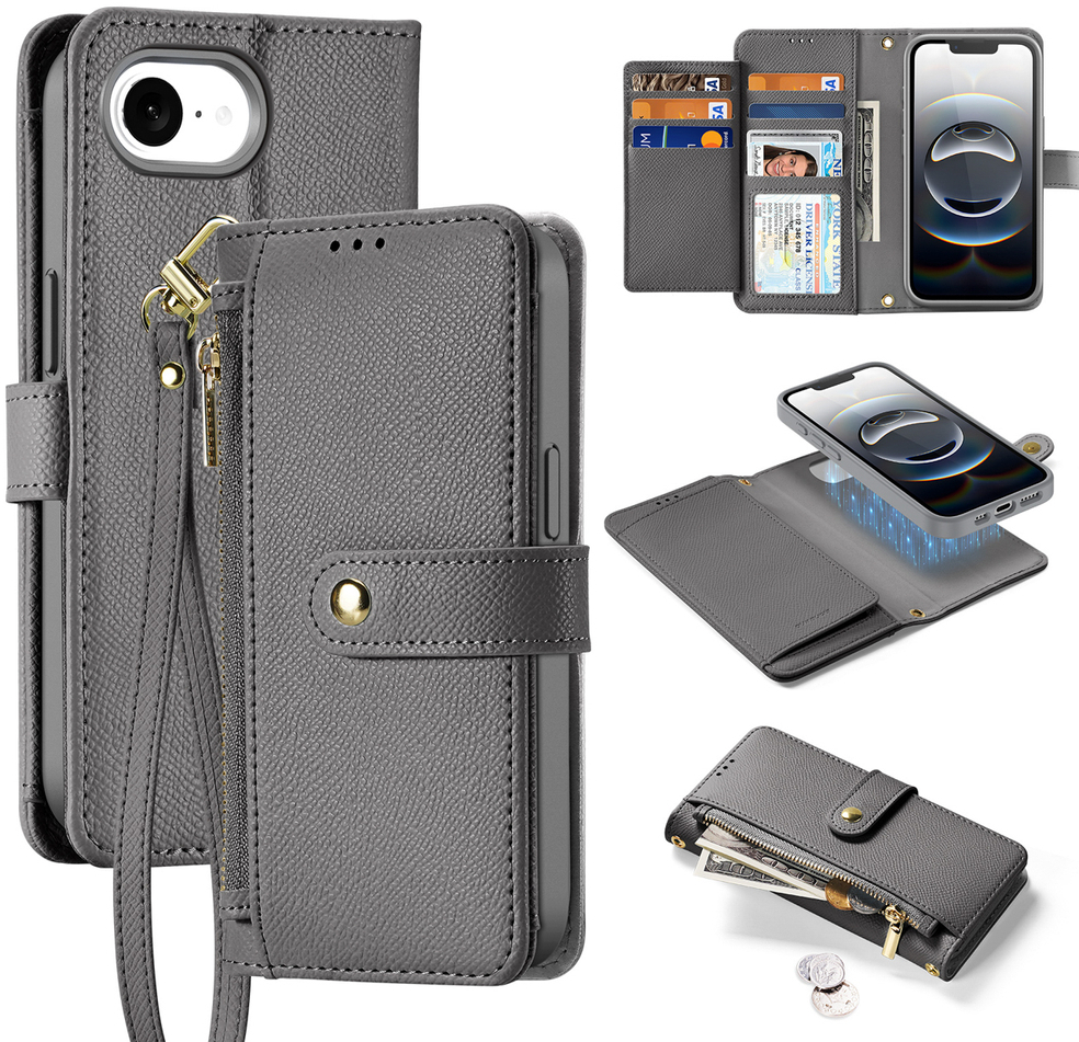 Dux Ducis Lawa iPhone 16e Leather Case with Detachable Magnetic Wallet - Gray
