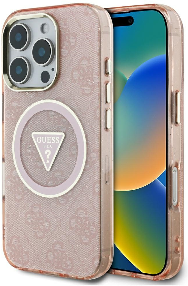 Guess IML Metal Glitter 4G Circle Triangle MagSafe Case for iPhone 16 Pro - Pink