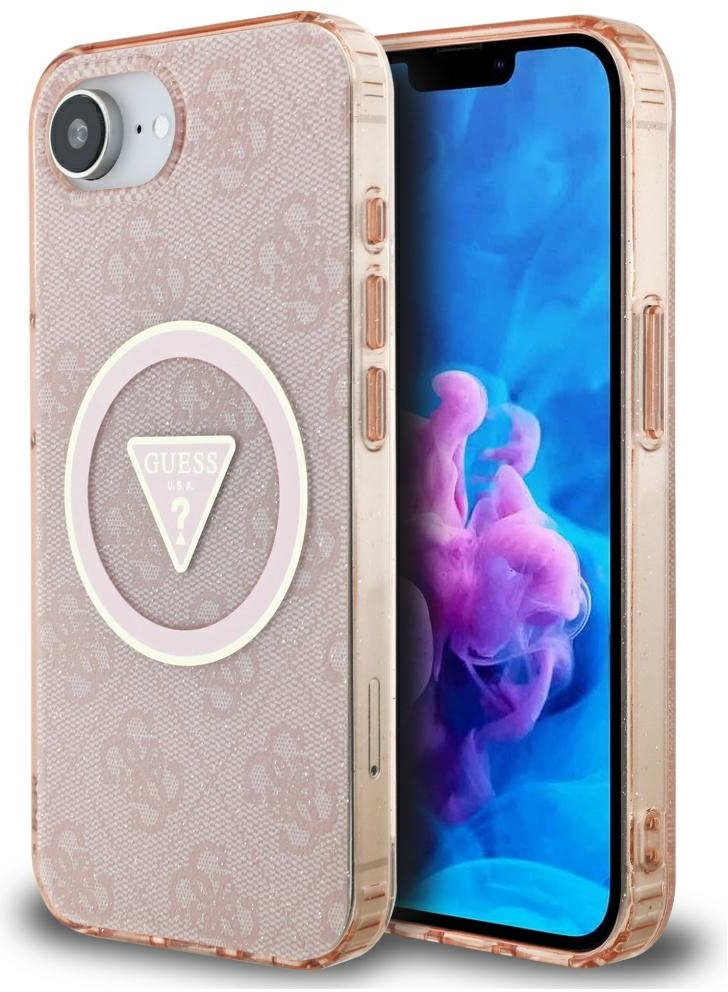 Guess IML Metal Glitter 4G Circle Triangle MagSafe case for iPhone 16e - pink