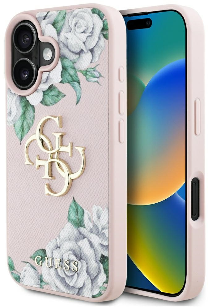 Guess Grained Roses Big 4G logo iPhone 16 case - pink