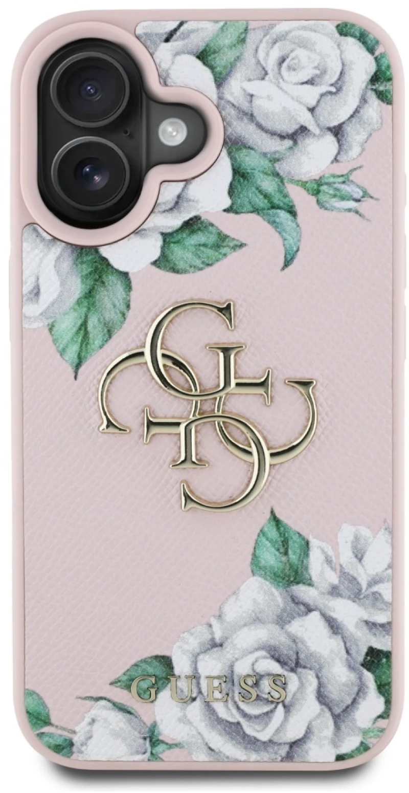 Guess Grained Roses Big 4G logo iPhone 16 case - pink