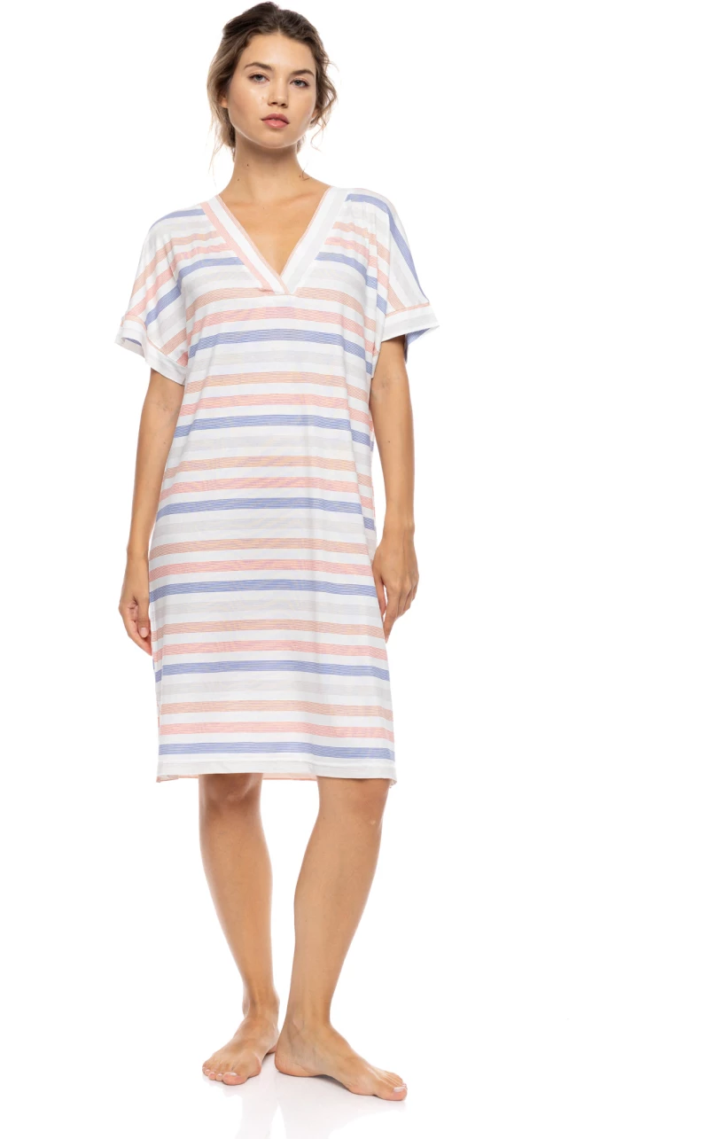 Γυναικείο Νυχτικό Pink Label - SUNSET STRIPE - Kοντομάνικο - V-Neck - Cotton