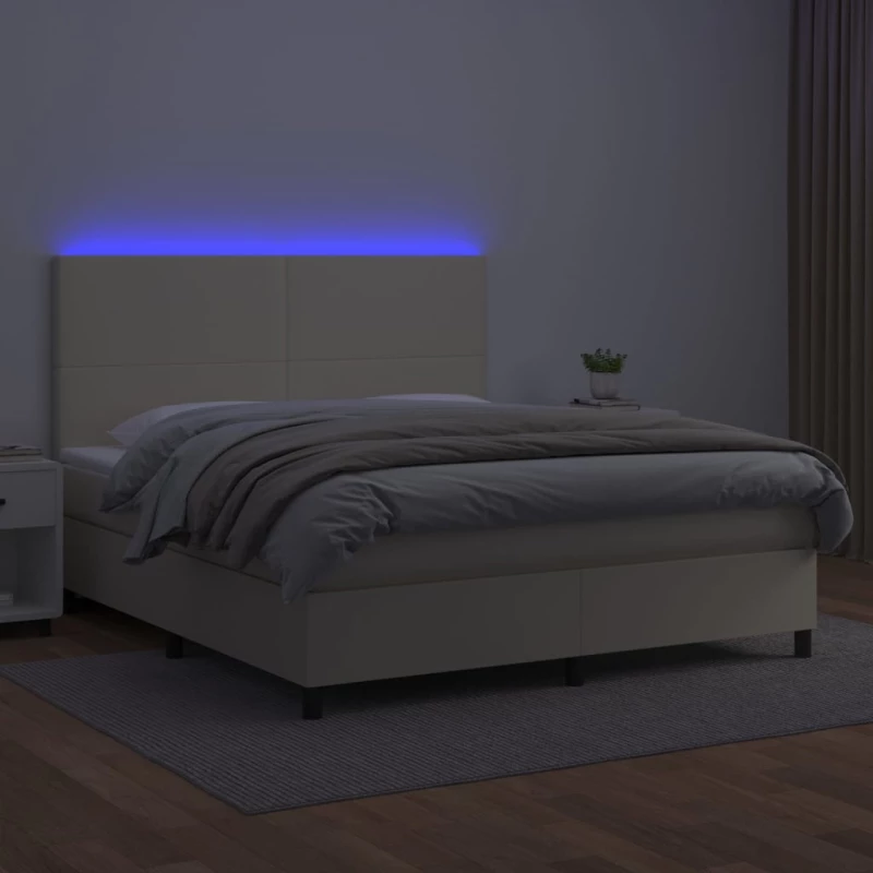 vidaXL Κρεβάτι Boxspring με Στρώμα & LED Κρεμ 180x200 εκ. Συνθ. Δέρμα