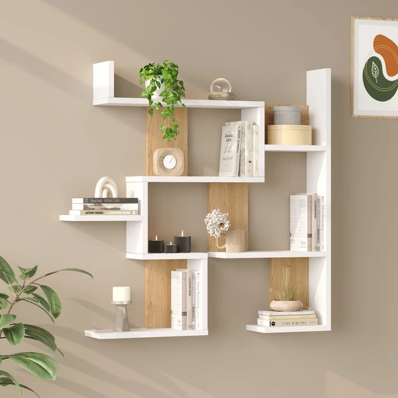 Ραφιέρα τοίχου Maze pakoworld λευκό με oak 93,3x14,5x90εκ