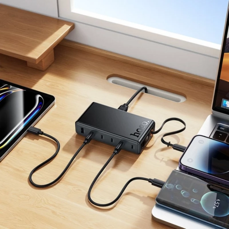 Hoco C151A GaN με Θύρα USB-A και 5 Θύρες USB-C και Καλώδιο USB-C 50W Power Delivery Μαύρο