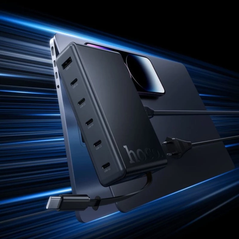 Hoco C151A GaN με Θύρα USB-A και 5 Θύρες USB-C και Καλώδιο USB-C 50W Power Delivery Μαύρο