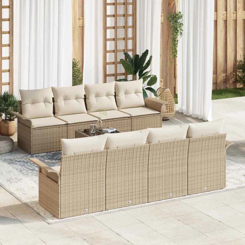 9 Piece Garden Sofa Set με Μαξιλάρια Μπεζ Πολυ Ρατάν Μπεζ 3353960