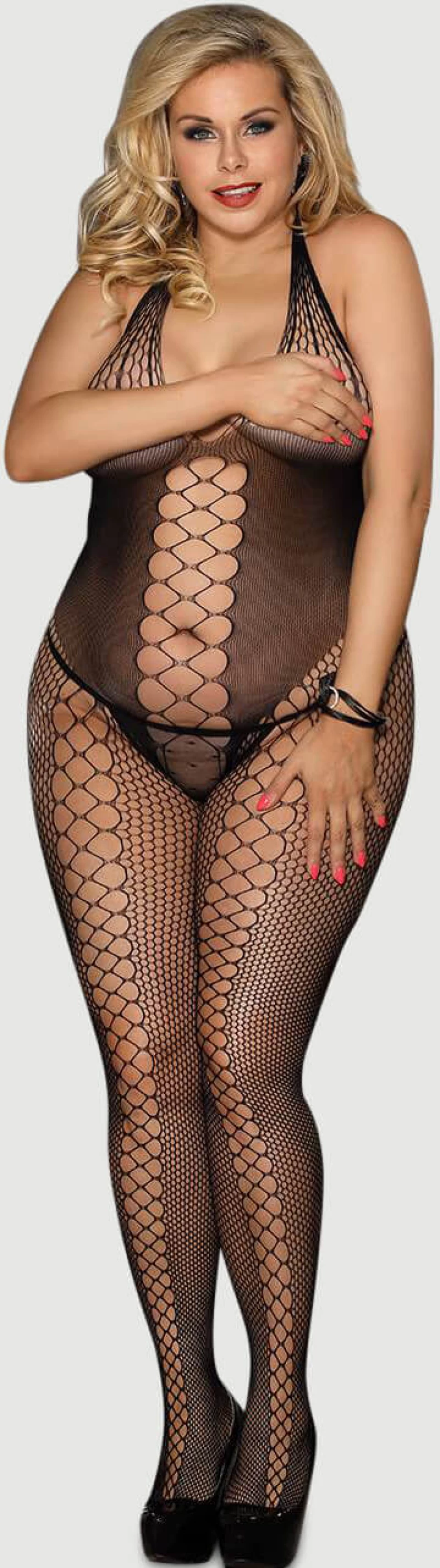 Plus Size Ανοιχτό Ολόσωμο Καλσόν Halter Neck Open Back Netted Bodystocking - Μαύρο
