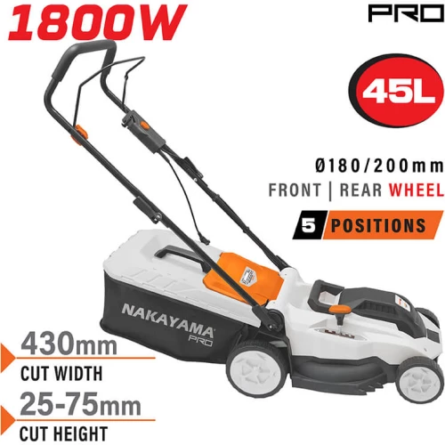 NAKAYAMA Pro Χλοοκοπτικό Ηλεκτρικό 1800W Κοπή 43cm Κάδος 45L Ρύθμιση 5 Θέσεων (25-75mm) (EM4021)