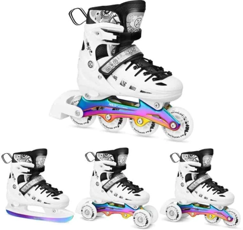 Αυξ/να Roller NH10905 4 ΣΕ 1 Inline Skates NILS EXTREME ΑΣΠΡΟ RAINBOW με LED Τροχούς-LARGE(39-42)