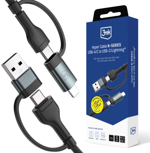 3mk Hyper Cable N-SERIES 2 in 2 USB-A / USB-C and USB-C / Lightning 1.2m QC 3.0 9V/2A 60W - black
