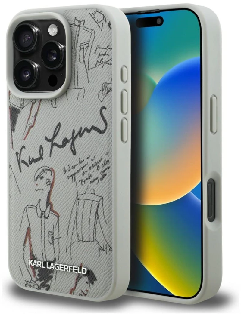 Karl Lagerfeld Grained Pattern & Logo MagSafe Case for iPhone 16 Pro Max - Gray