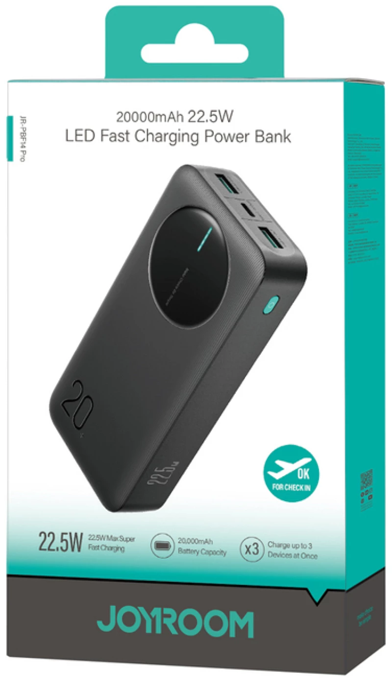 Joyroom JR-PBF14 Pro Powerbank 22.5W 20000mAh with Digital Display 2x USB-A 1x USB-C - Black