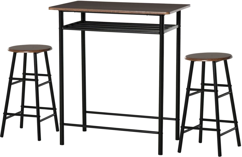 Σετ μπαρ, 3 τεμαχίων, τραπέζι & 2 σκαμπό, ράφι, industrial design, μαύρο/δρυς