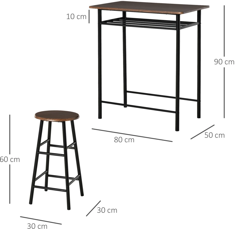 Σετ μπαρ, 3 τεμαχίων, τραπέζι & 2 σκαμπό, ράφι, industrial design, μαύρο/δρυς