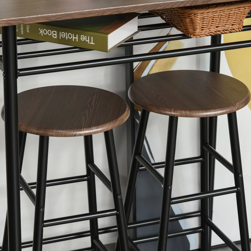 Σετ μπαρ, 3 τεμαχίων, τραπέζι & 2 σκαμπό, ράφι, industrial design, μαύρο/δρυς