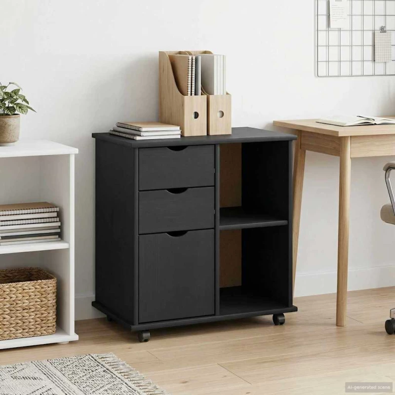 vidaXL Κινητό Ντουλάπι Μαύρο 63,5 x 39 x 65,5 εκ. Στερεό ξύλο πεύκου