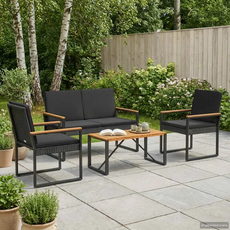 vidaXL Σετ Εξωτερικών Επίπλων με μαξιλάρι 4 pcs Μαύρο συνθετικό ρατάν