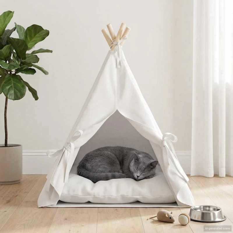 vidaXL Teepee για κατοικίδια με μαξιλάρι Λευκό 50 x 50 x 60 cm