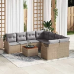 vidaXL Σετ Καναπέ Κήπου με μαξιλάρι 9 pcs Μπεζ συνθετικό ρατάν