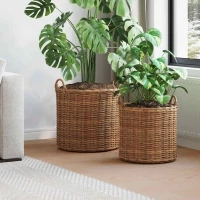 vidaXL Καλάθι Φυτών με αποθήκευση 2 pcs Καφέ Λάκακ Ράττανα