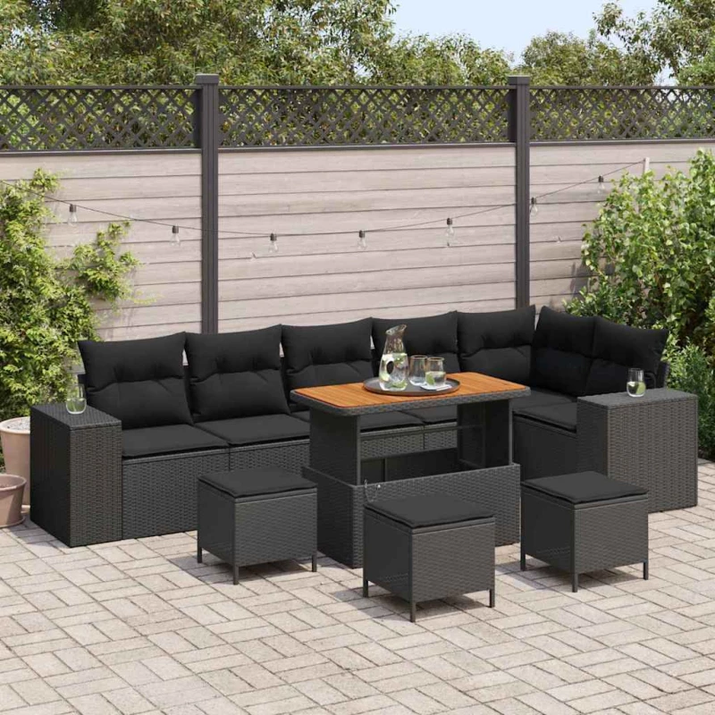 vidaXL Σετ Καναπέ Κήπου με μαξιλάρι 10 pcs Μαύρο συνθετικό ρατάν