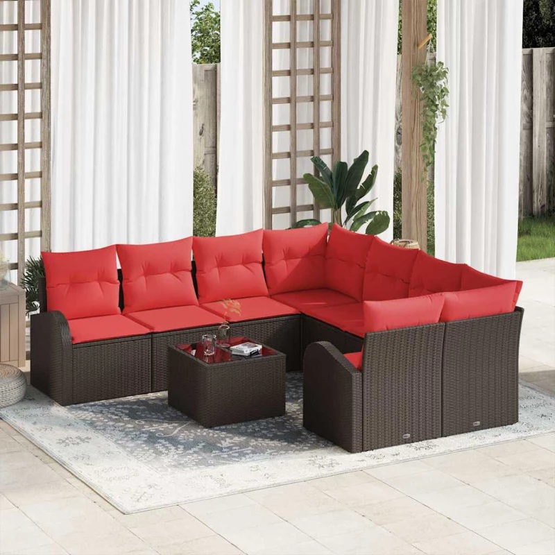 vidaXL Σετ Καναπέ 9 pcs Καφέ και Κόκκινο Πολυεστέρας
