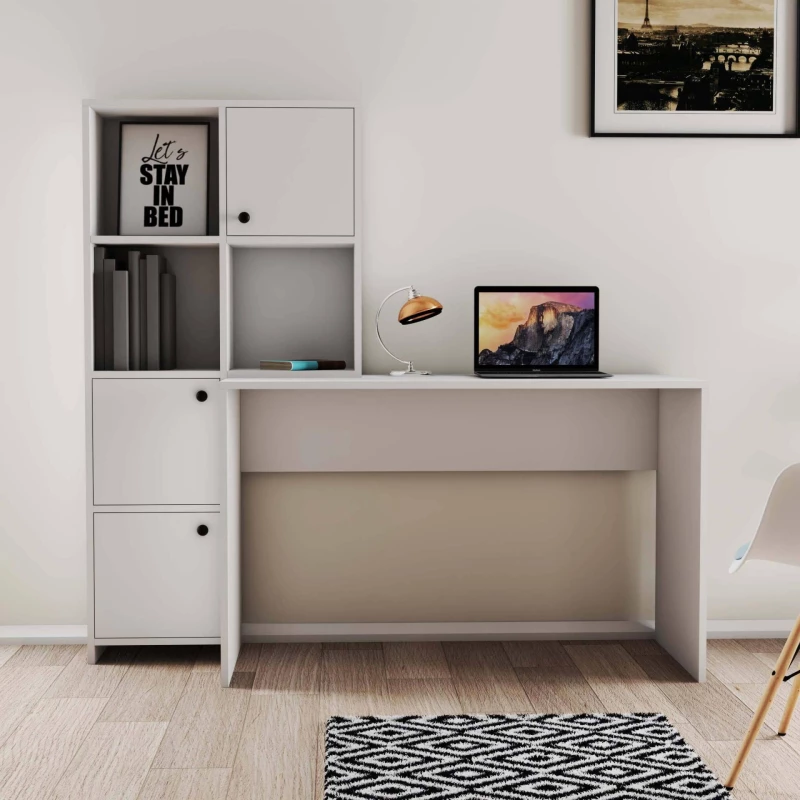Stewehome λευκό γραφείο με ραφιέρα και ντουλάπια – 156x52 cm