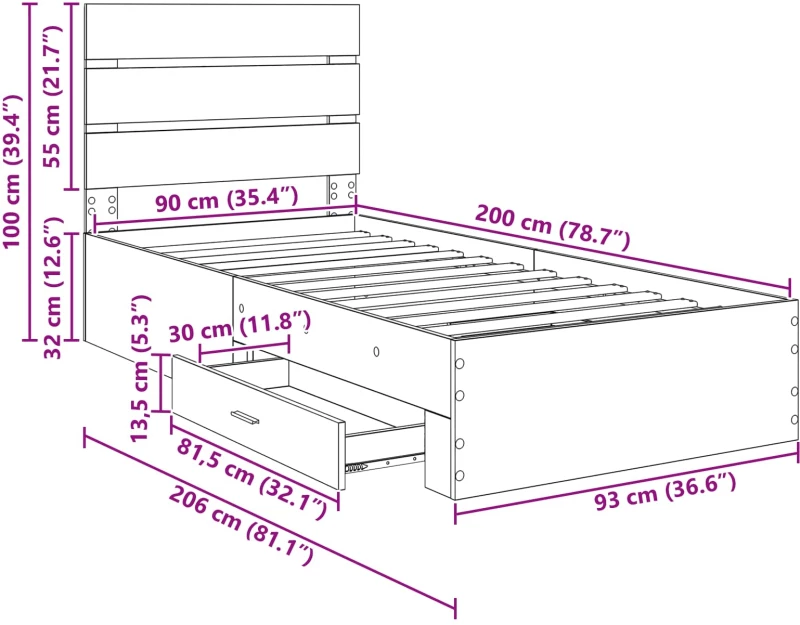 vidaXL Σκελετός Κρεβατιού Artisan Oak 90 x 200 cm Επεξεργασμένο ξύλο