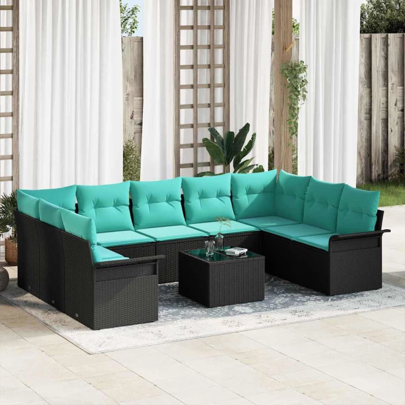 vidaXL Σετ Καναπέ Κήπου με μαξιλάρι 10 pcs Μαύρο Πολυ ράταν