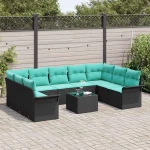 vidaXL Σετ Καναπέ Κήπου με μαξιλάρι 10 pcs Μαύρο Πολυ ράταν