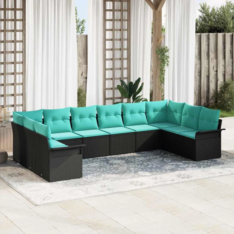 vidaXL Σετ Καναπέ Κήπου με μαξιλάρι 10 pcs Μαύρο συνθετικό ρατάν