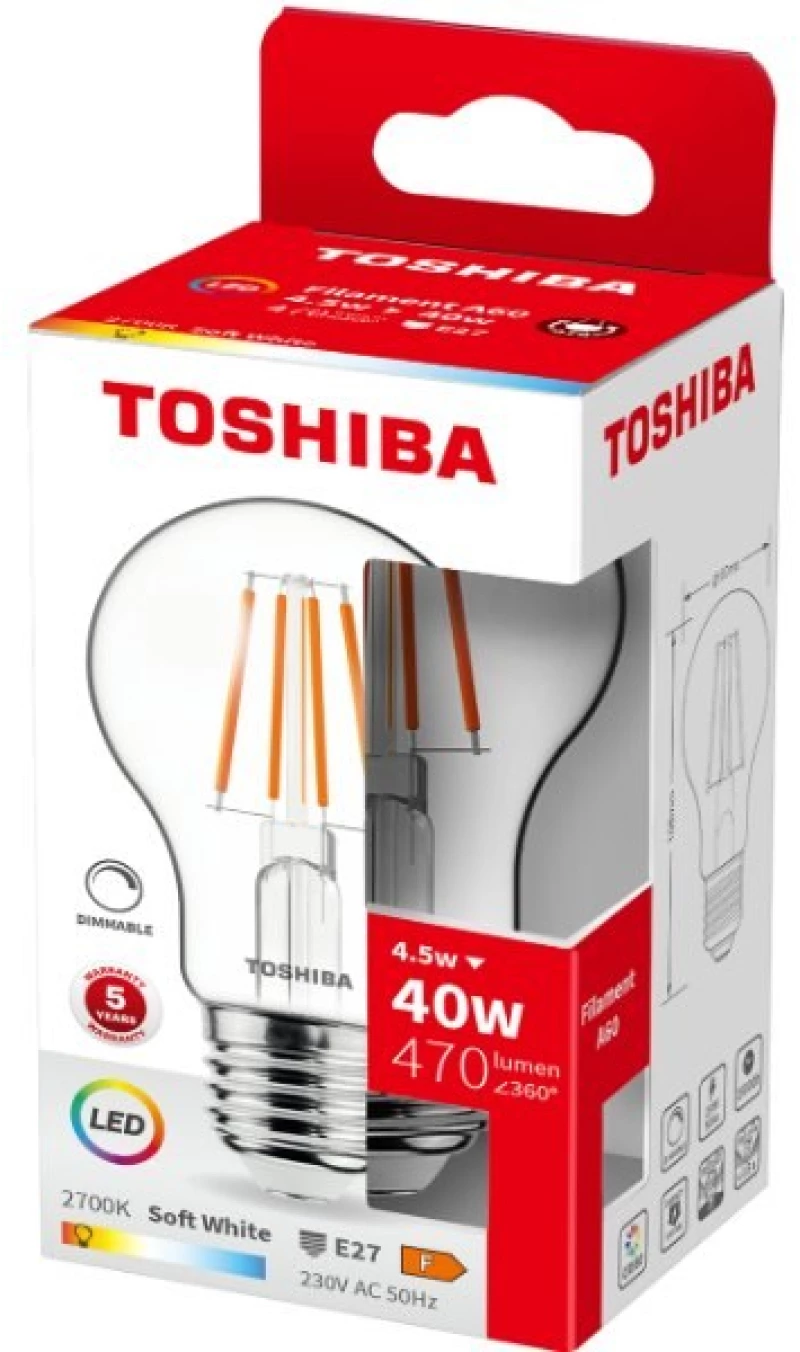 TOSHIBA LED FILAMENT A60 E27 4.5W 2700K DIMMABLE