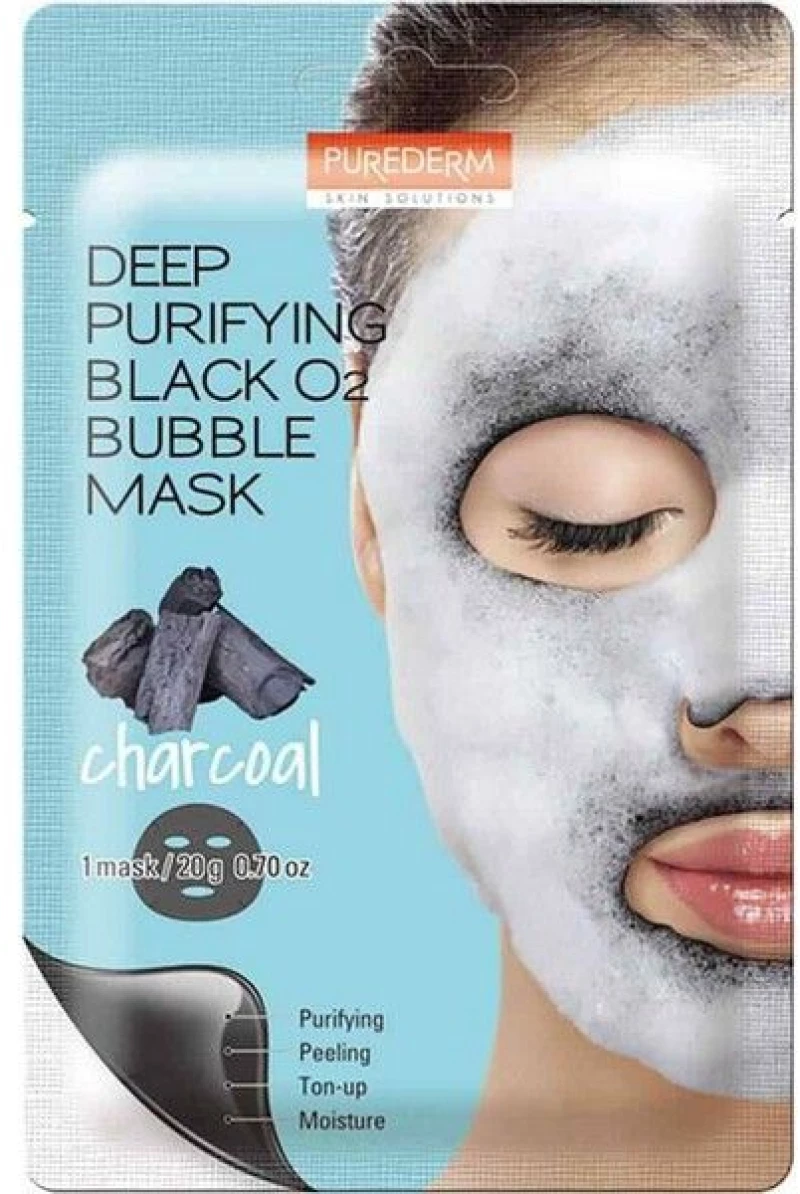 Purederm Deep Purifying Black O2 Bubble Mask Charcoal Μάσκα Καθαρισμού Με Ενεργό Άνθρακα 20gr