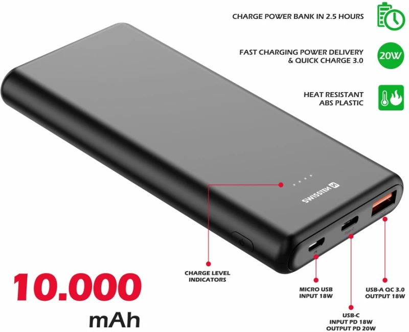 SWISSTEN POWER LINE POWER BANK 10000 mAh 20W POWER DELIVERY BLACK