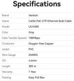 VENTION Cat.5e PoE UTP Lan Cable Oxygen-Free Copper for CCTV Camera 305M Gray (IJCH305) (VENIJCH305)