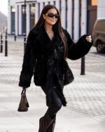 Faux fur jacket με ζώνη