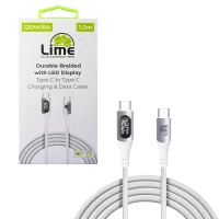 LIME USB-C TYPE C TO USB-C TYPE C 6A ΦΟΡΤΙΣΗΣ-DATA DURABLE BRAIDED WITH LED DISPLAY 1.2m LBLCC01 120W WHITE